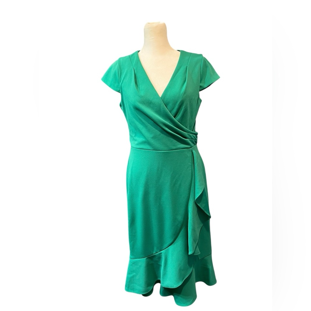 NWT London Times Cap Sleeve V-neck Green w/Ruffle Faux Wrap Skirt Dress- 6 - Picture 2 of 10